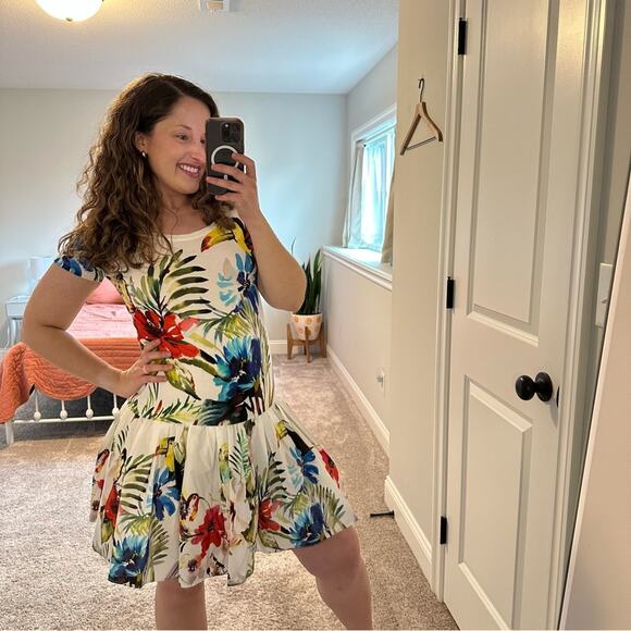 NWT Sara Roka White Cotton Bird Tropical Mini Dress 4 - Picture 2 of 12